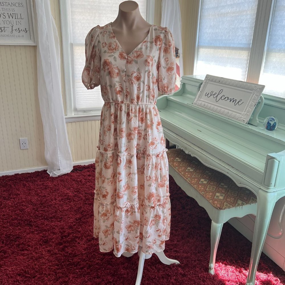 Bohemian Dusty Orange Floral Midi Dress Sz S by Blu Pepper - Picture 10 of 15